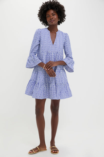 Blue Stripe Floral Embroidered Lanie Dress