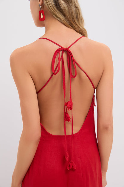Coral Red Poema Eterno Embroidered Maxi Dress
