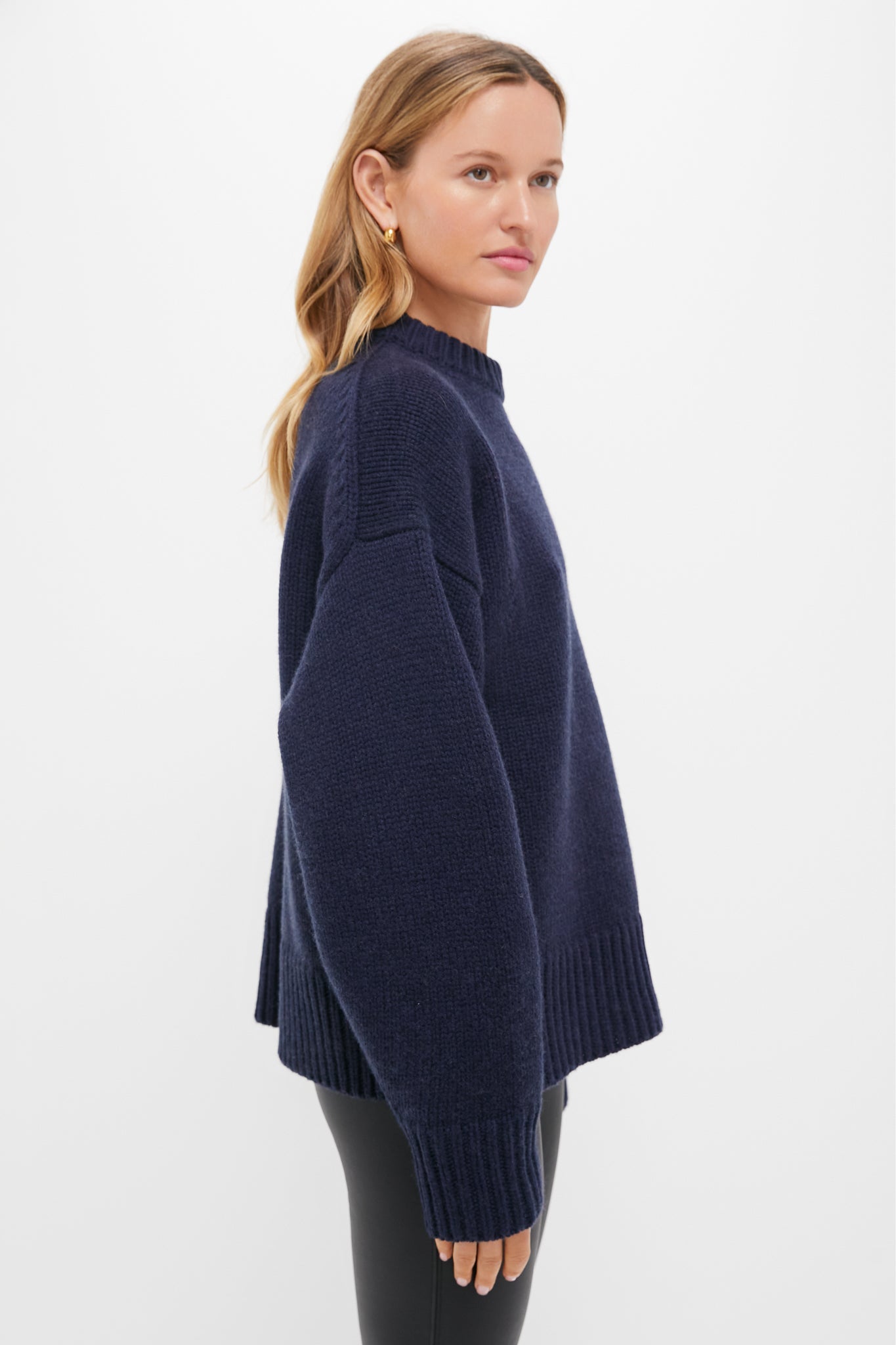 Navy Genevieve Cashmere Wool Blend Crewneck Sweater