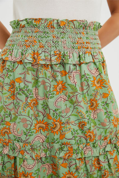 Mint and Orange Floral Smocked Odette Midi Skirt