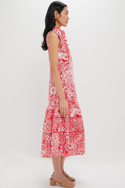 Sleeveless Red & White Floral Hillsborough Midi Dress