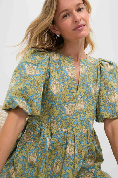 Blue and Green Leafy Floral Cisco Maxi Dress