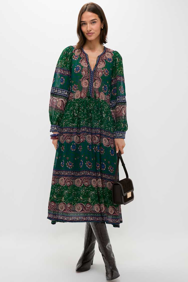 Green Melba Print Long Sleeve Midi Dress