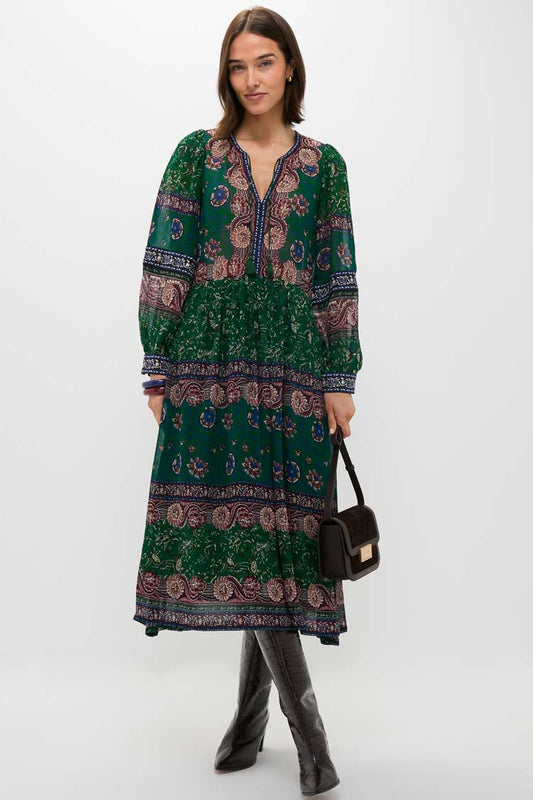Green Melba Print Long Sleeve Midi Dress