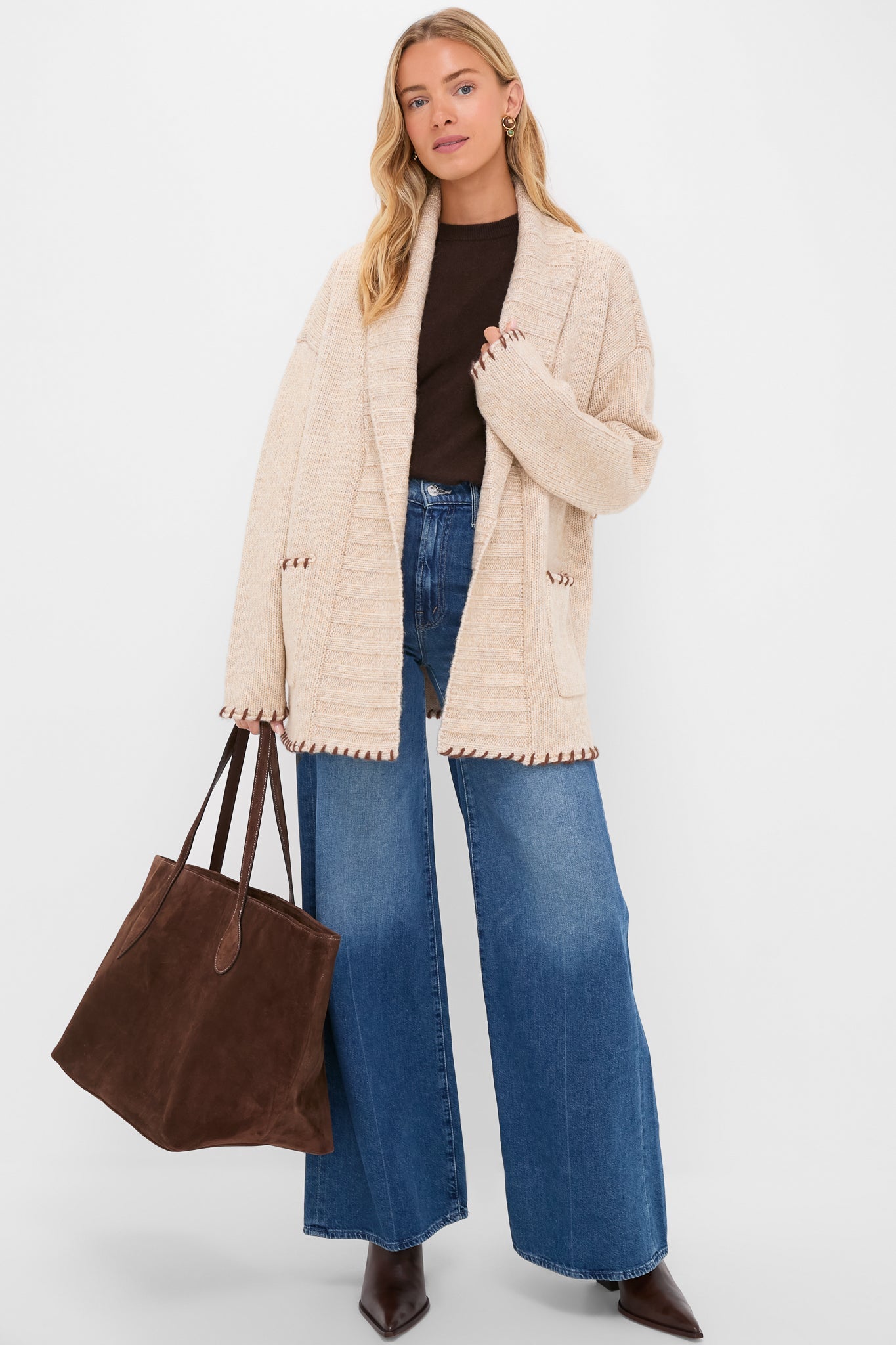Sandstone Heather and Brown Blanket Stitch Harrow Cardigan