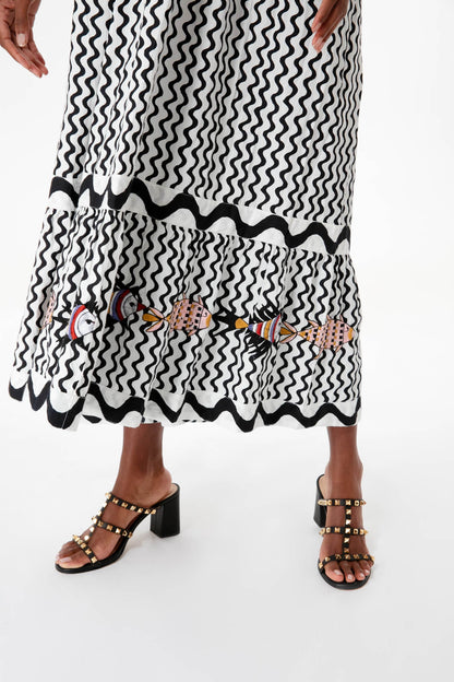 Black Ripple Tie Strap Smocked Straight Midi Dress