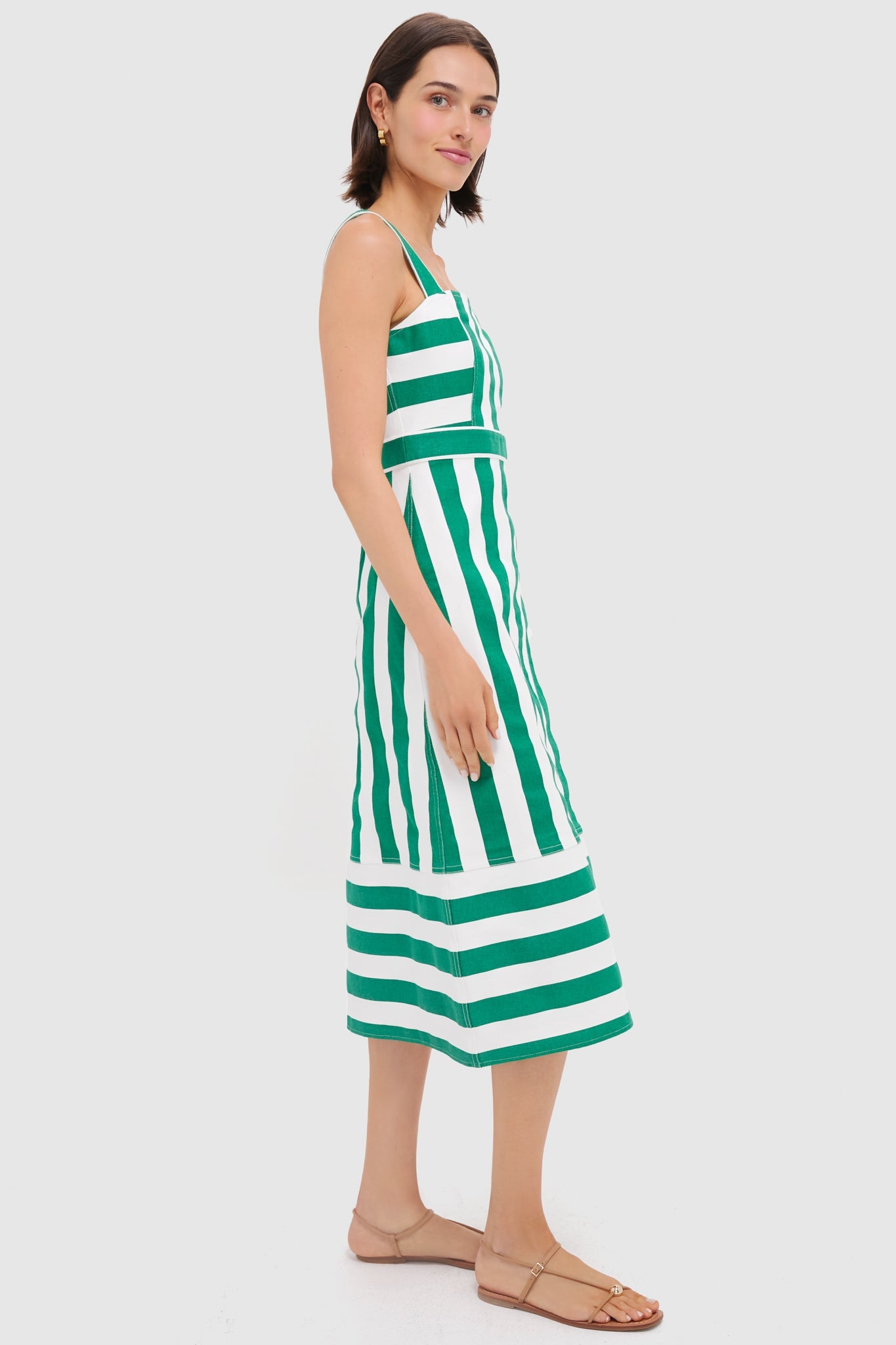 Green and White Striped Hooper Denim Midi Dress