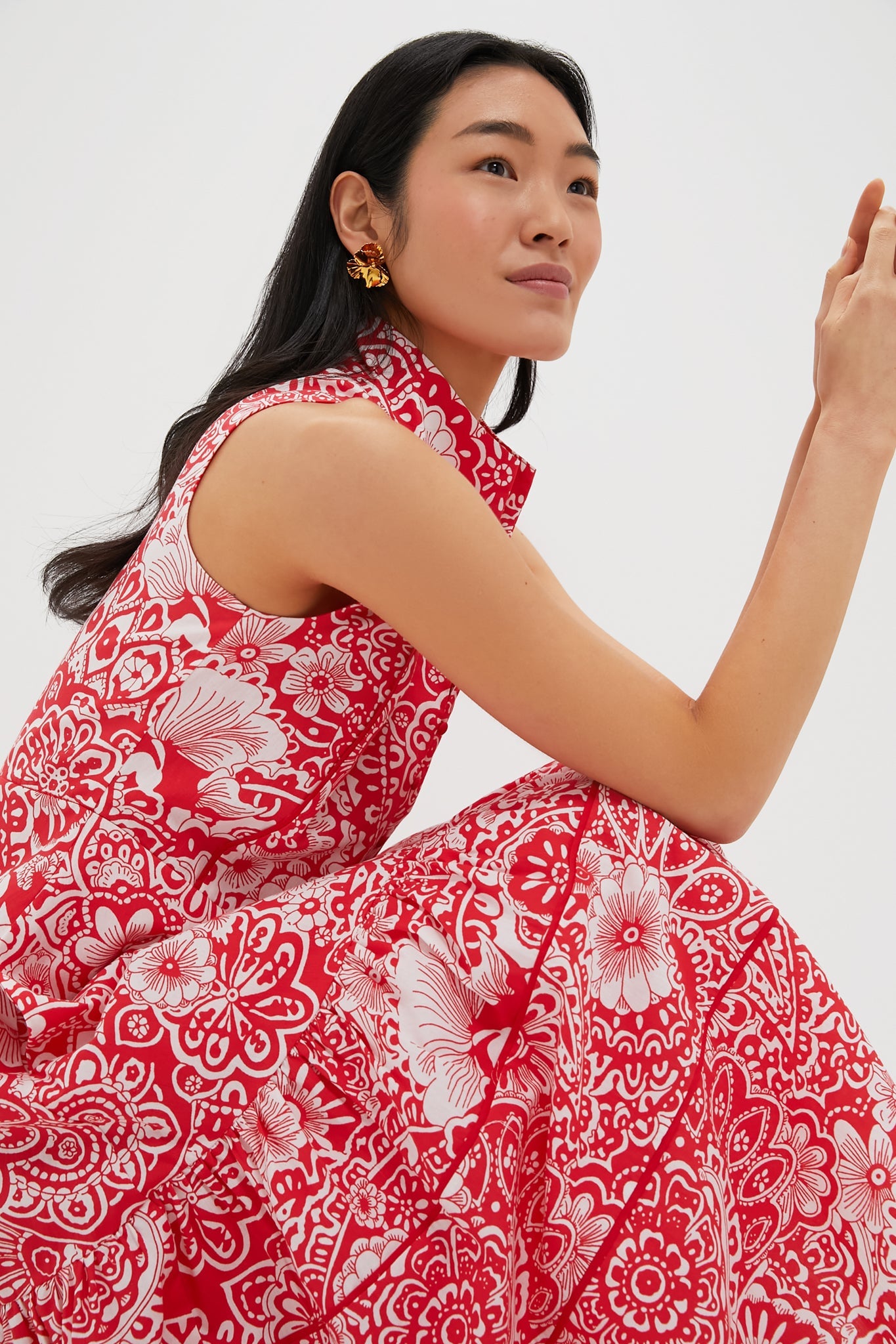 Sleeveless Red & White Floral Hillsborough Midi Dress