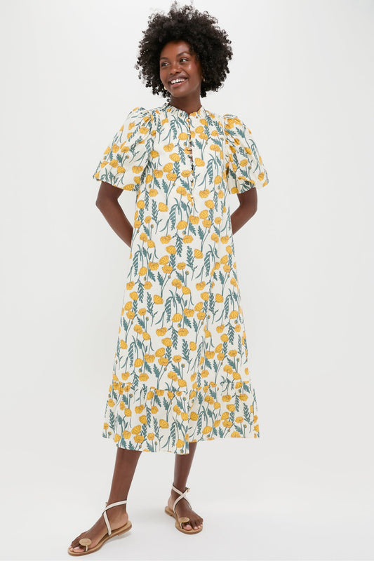 Yellow Amaryllis Floral Mimi Midi Dress