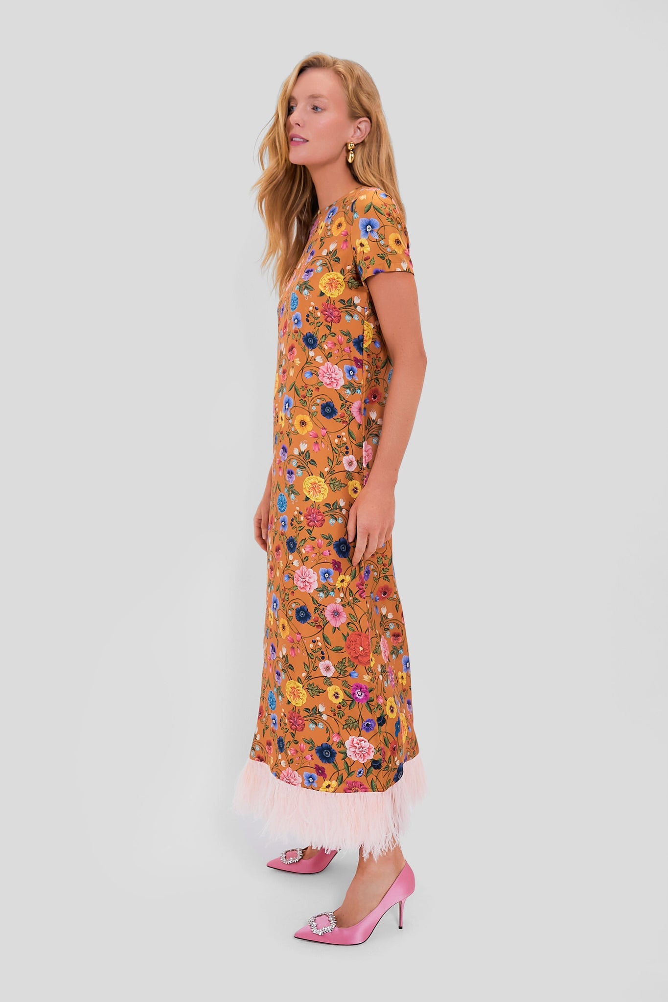 Botticelli Rust Short Sleeve Swing Dress with Feathers