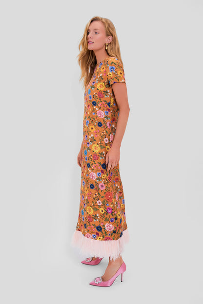 Botticelli Rust Short Sleeve Swing Dress with Feathers