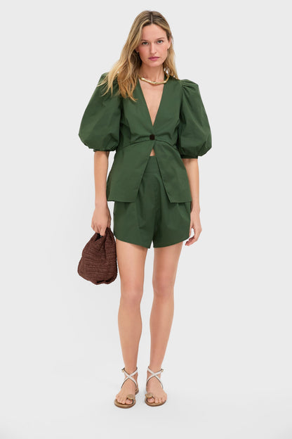 Green Solid Pleated Shorts