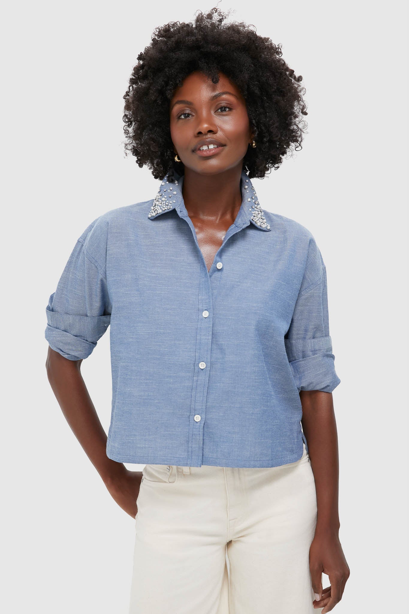 Chambray Denim Embellished Cropped Jasper Button Down