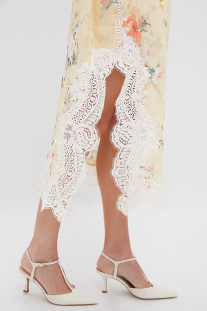 Yellow Watercolour Floral Everley Lace Trim Slip Dress