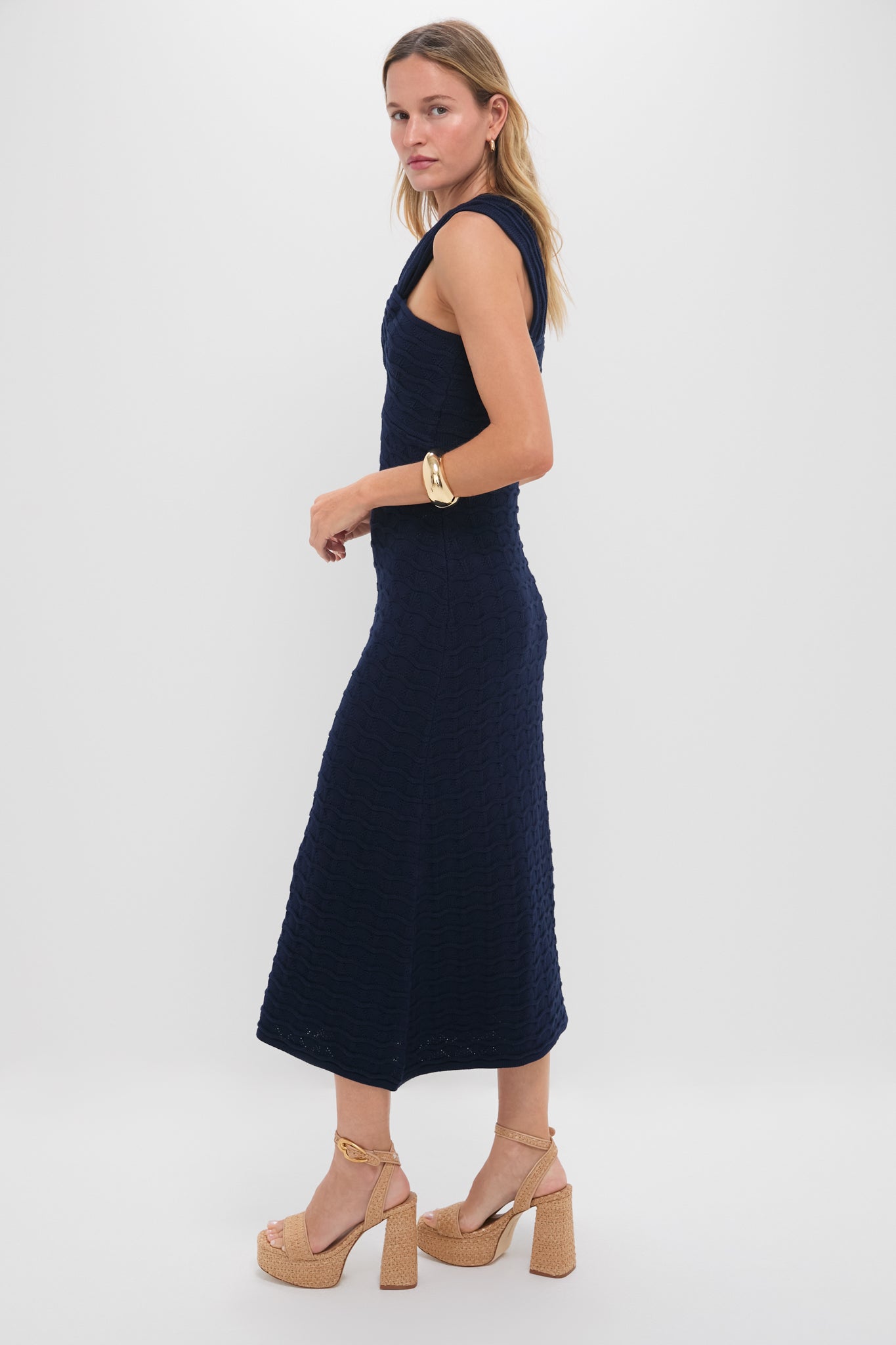 Navy Knit One Shoulder Nicole Midi Dress