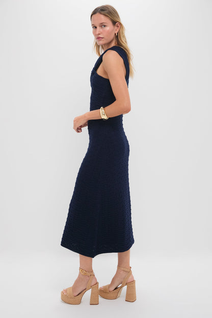 Navy Knit One Shoulder Nicole Midi Dress