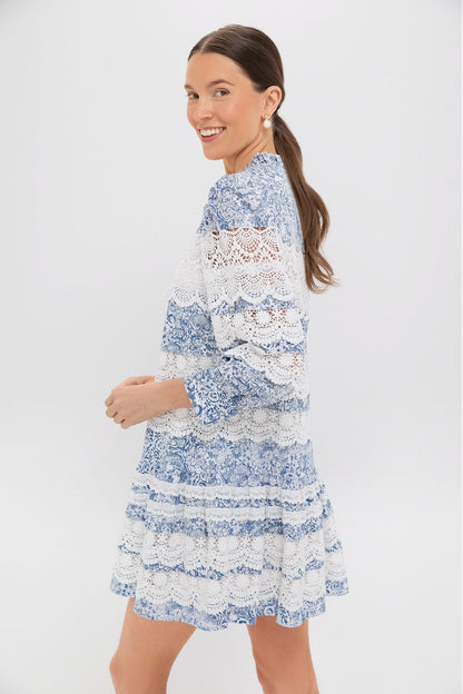 Lace Trim Blue Etched Floral Emmie Mini Dress