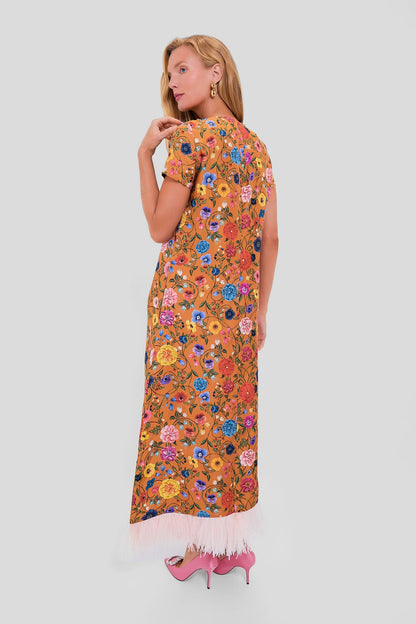 Botticelli Rust Short Sleeve Swing Dress with Feathers