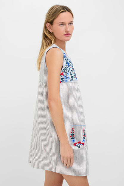 Tan Stripe Embroidered Linen Sunny Mini Dress