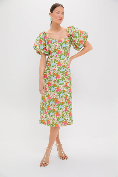 Green Multi Begonia Floral Sallie Midi Dress