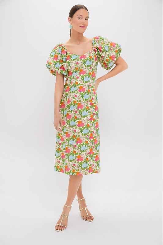 Green Multi Begonia Floral Sallie Midi Dress