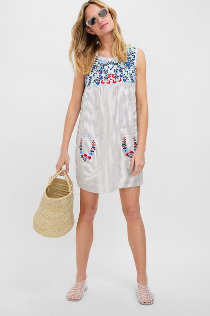 Tan Stripe Embroidered Linen Sunny Mini Dress