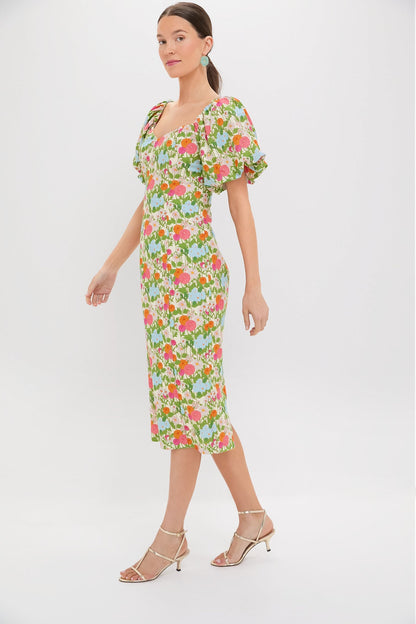 Green Multi Begonia Floral Sallie Midi Dress