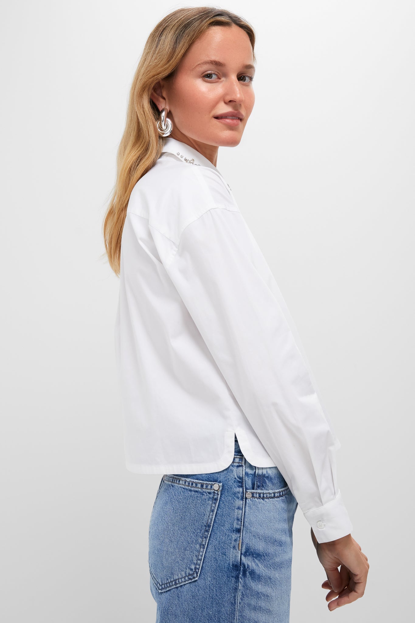 White Embellished Cropped Jasper Button Down