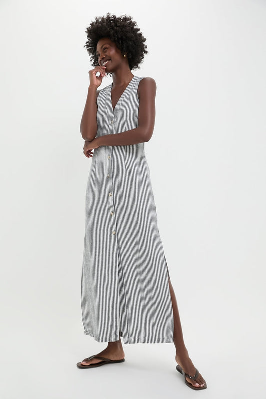 Deep Navy Striped Air Linen Button Down Maxi Dress