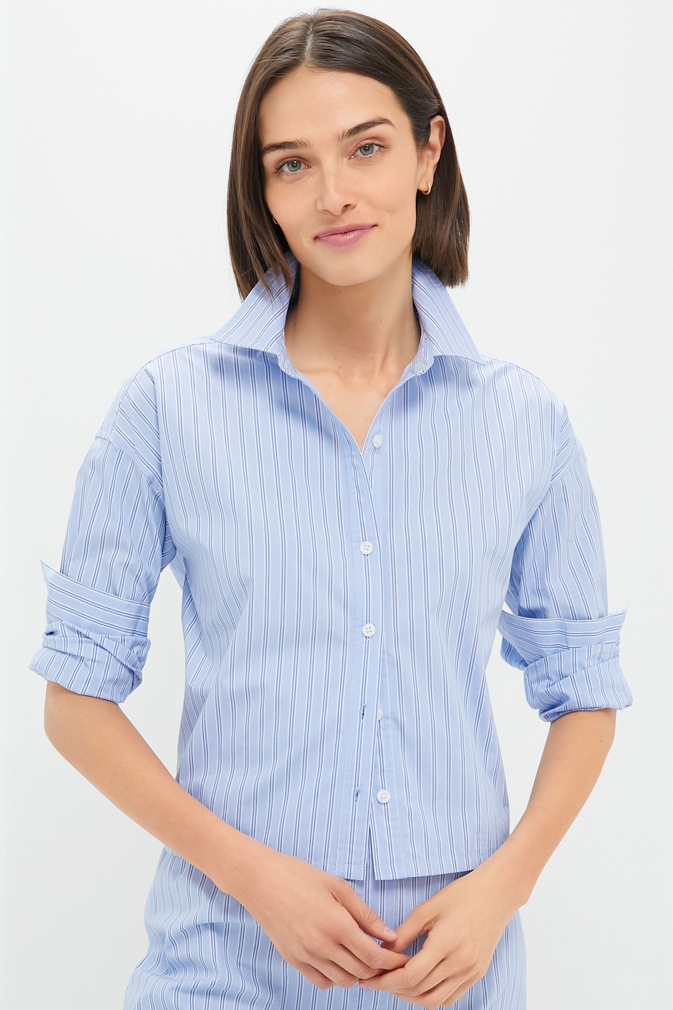 Blue and White Stripe Cropped Jasper Button Down