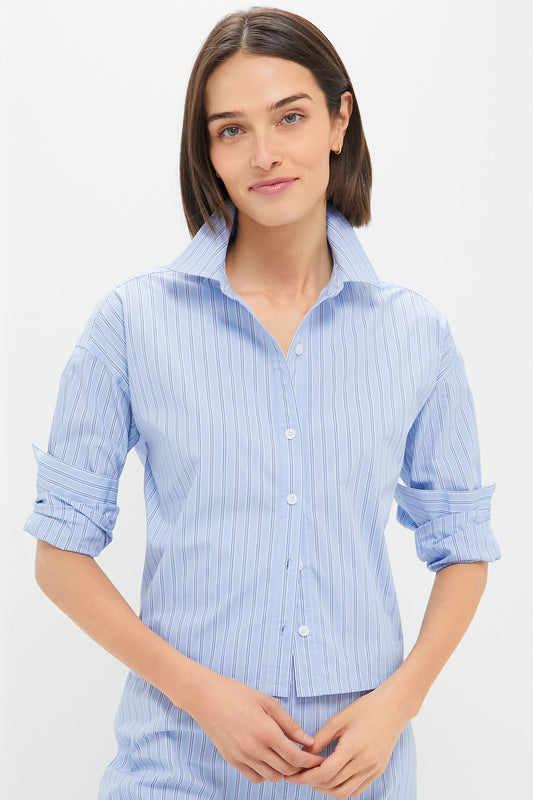 Blue and White Stripe Cropped Jasper Button Down
