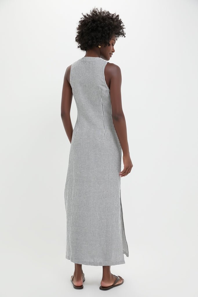 Deep Navy Striped Air Linen Button Down Maxi Dress