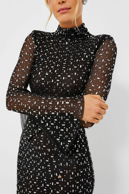 Black Square Rhinestone Mesh Midi Dress