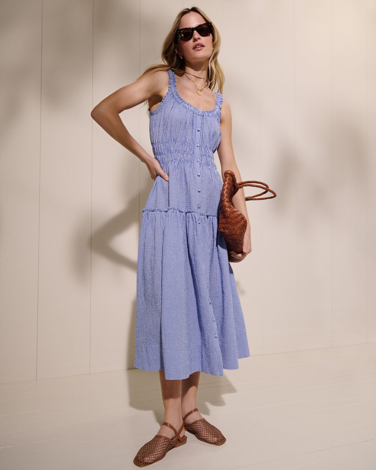 Blue and White Gingham Seersucker Landis Midi Dress