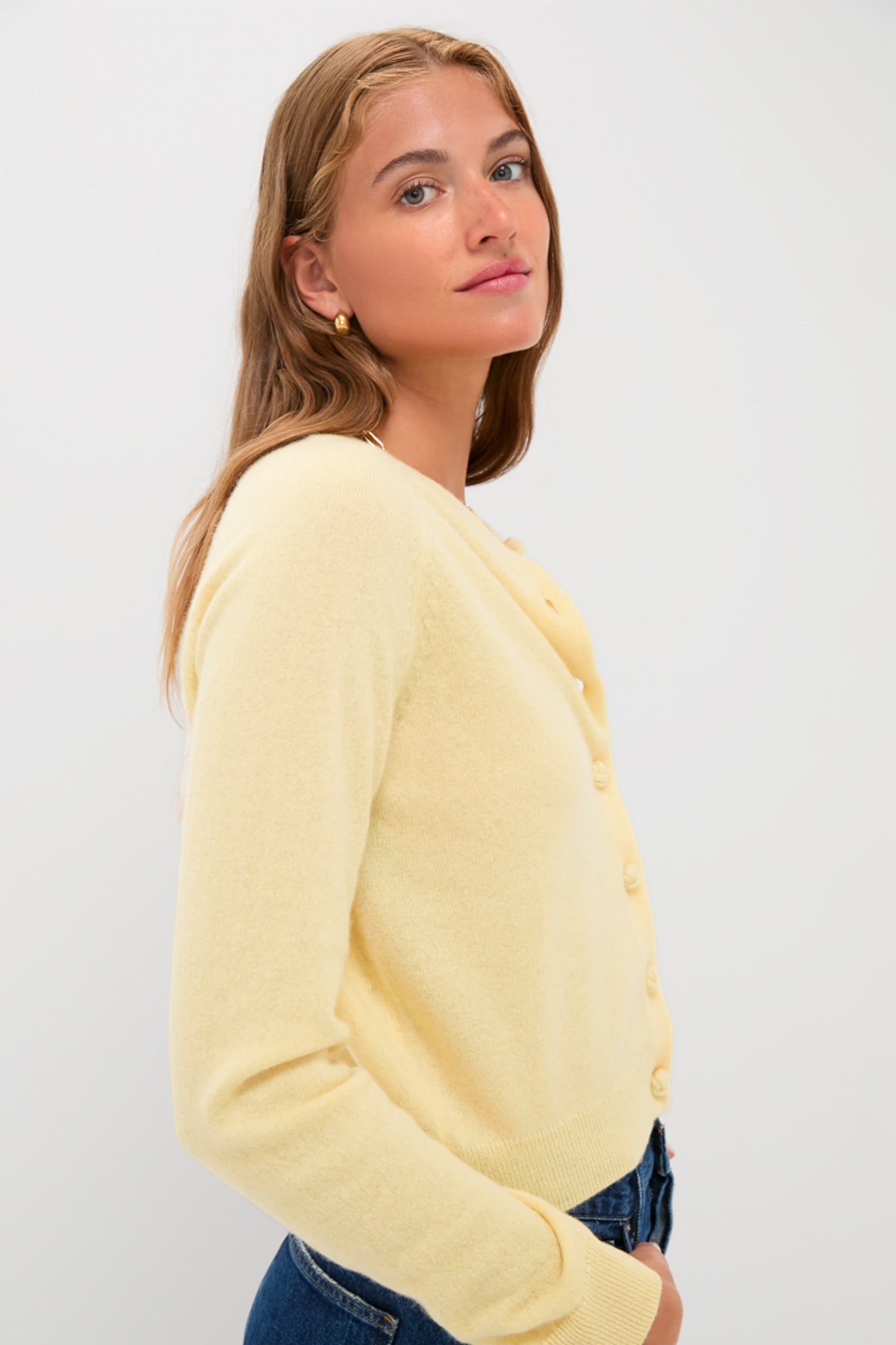 Butter Yellow Knot Button Cashmere Cardigan
