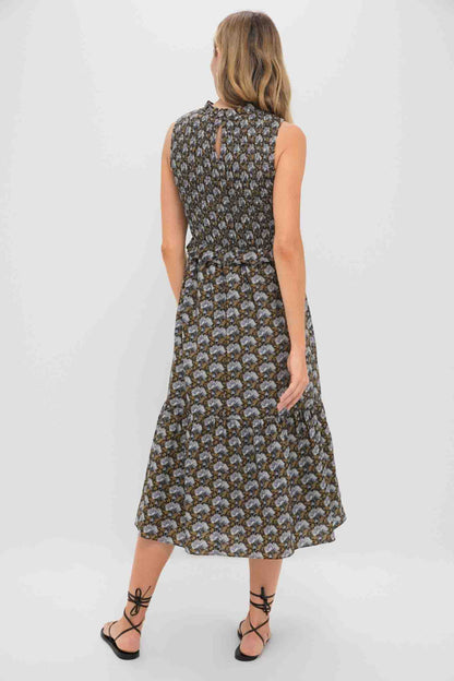 Black Leafy Floral Smocked Seaton Midi Dress